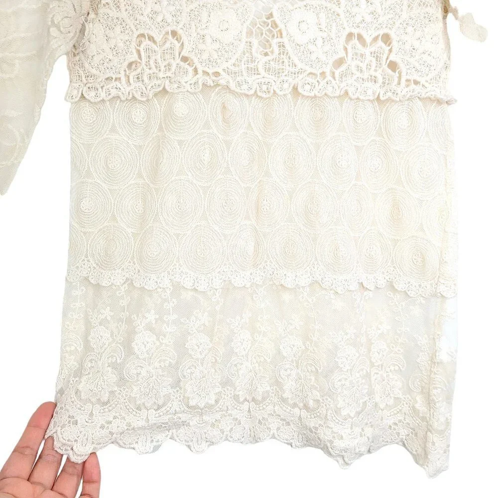 ZARA Ivory White Crochet Lace 3/4 Floral Sleeve Top
